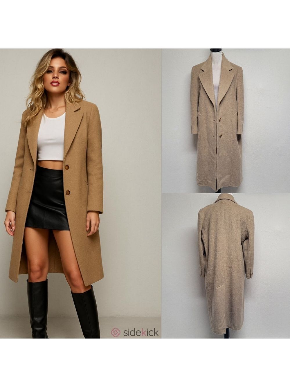 80s Vintage Jones New York Tan Pure Wool Notched Collar Longline Trench Coat XL - Picture 1 of 14